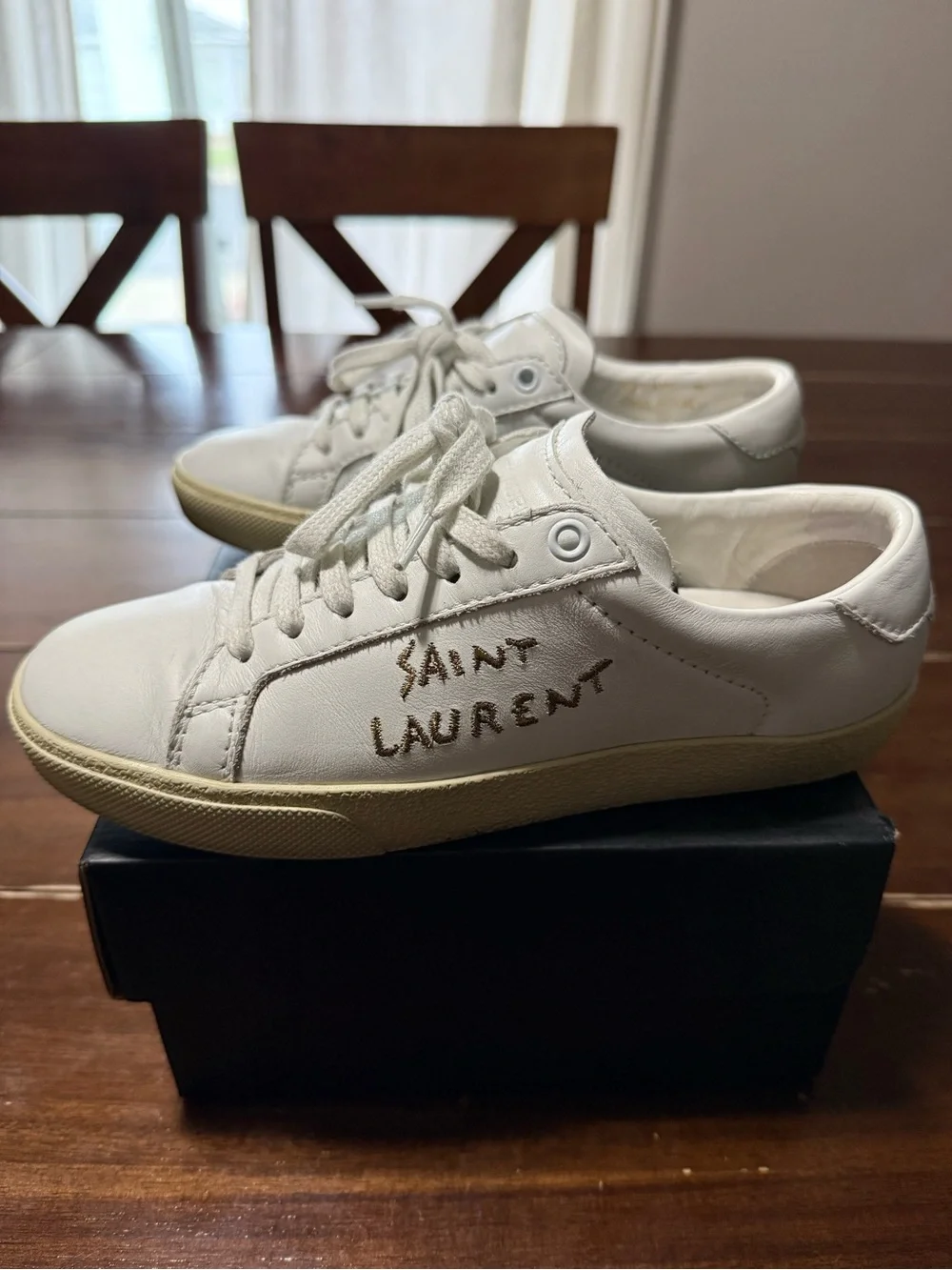 Saint Laurent White Leather Court Classic Sneakers with Beige Sole and Gold Logo